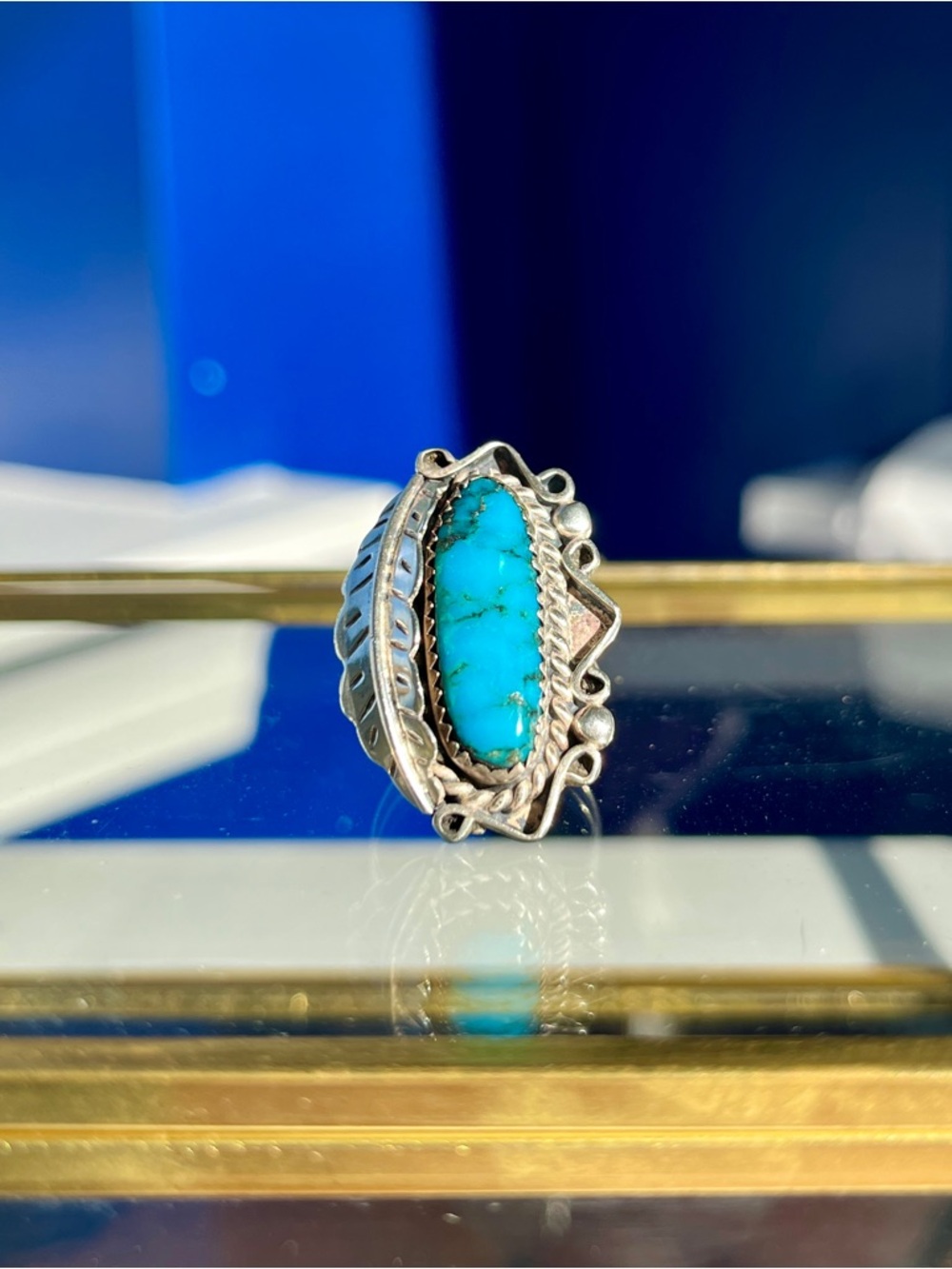 1940’s Navajo Turquoise & Sterling Silver Feather 🪶 Motif Ring, size 5.5